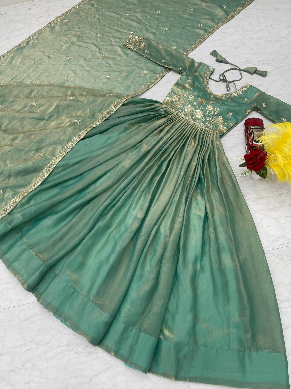 Flattering Sequence Work Teal Green Color Gown
