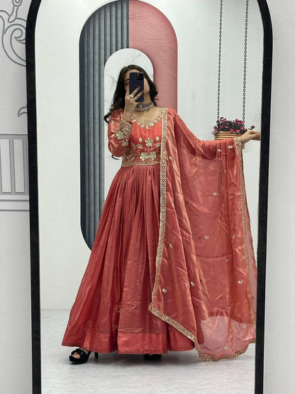 Flattering Sequence Work Orange Color Gown