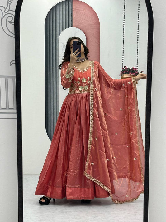 Flattering Sequence Work Orange Color Gown