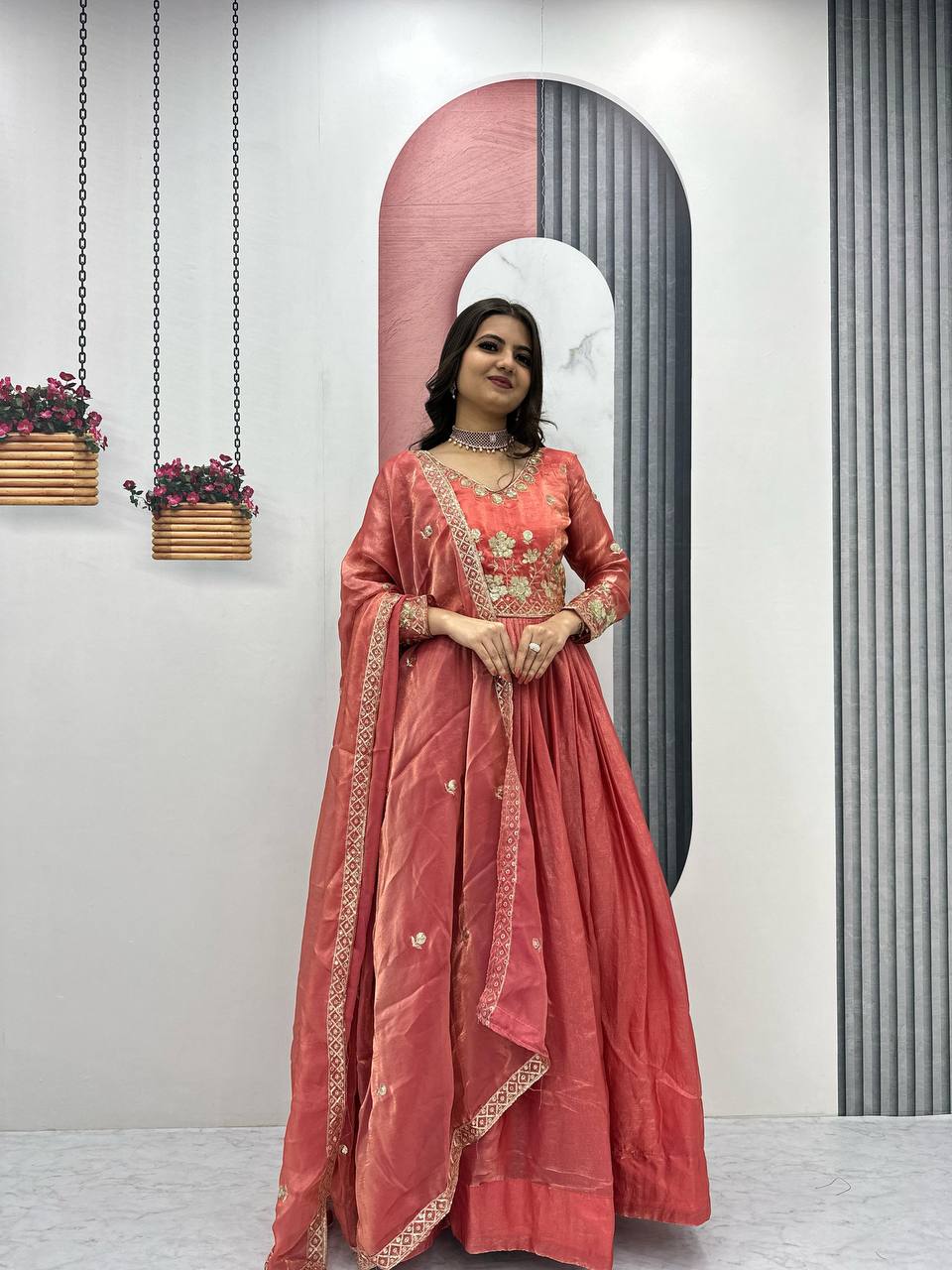 Flattering Sequence Work Orange Color Gown