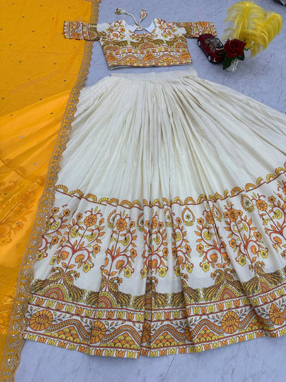 Traditional Wear Kalamkari Print Yellow Color Lehenga Choli