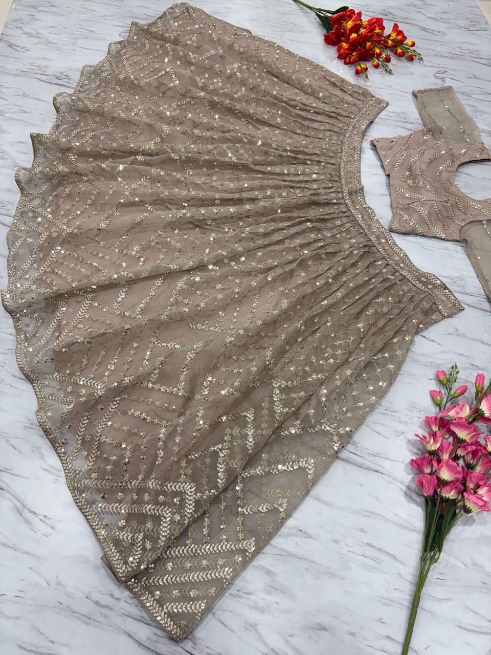 Occasion Wear Organza Silk Beige Color Lehenga Choli