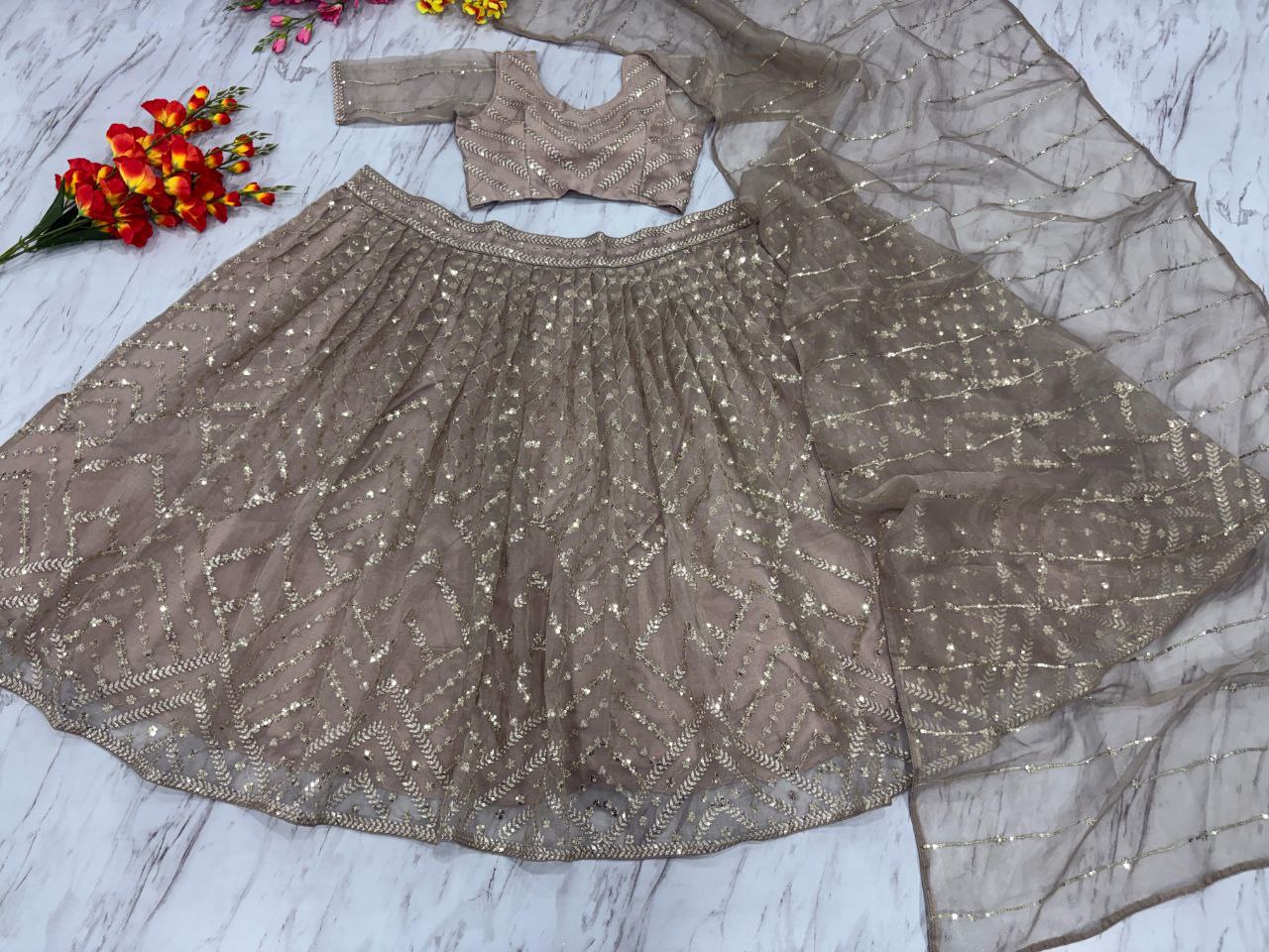 Occasion Wear Organza Silk Beige Color Lehenga Choli