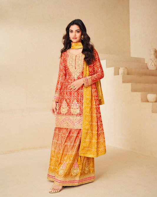 Glorious Chinon Silk Red Color Sharara Suit
