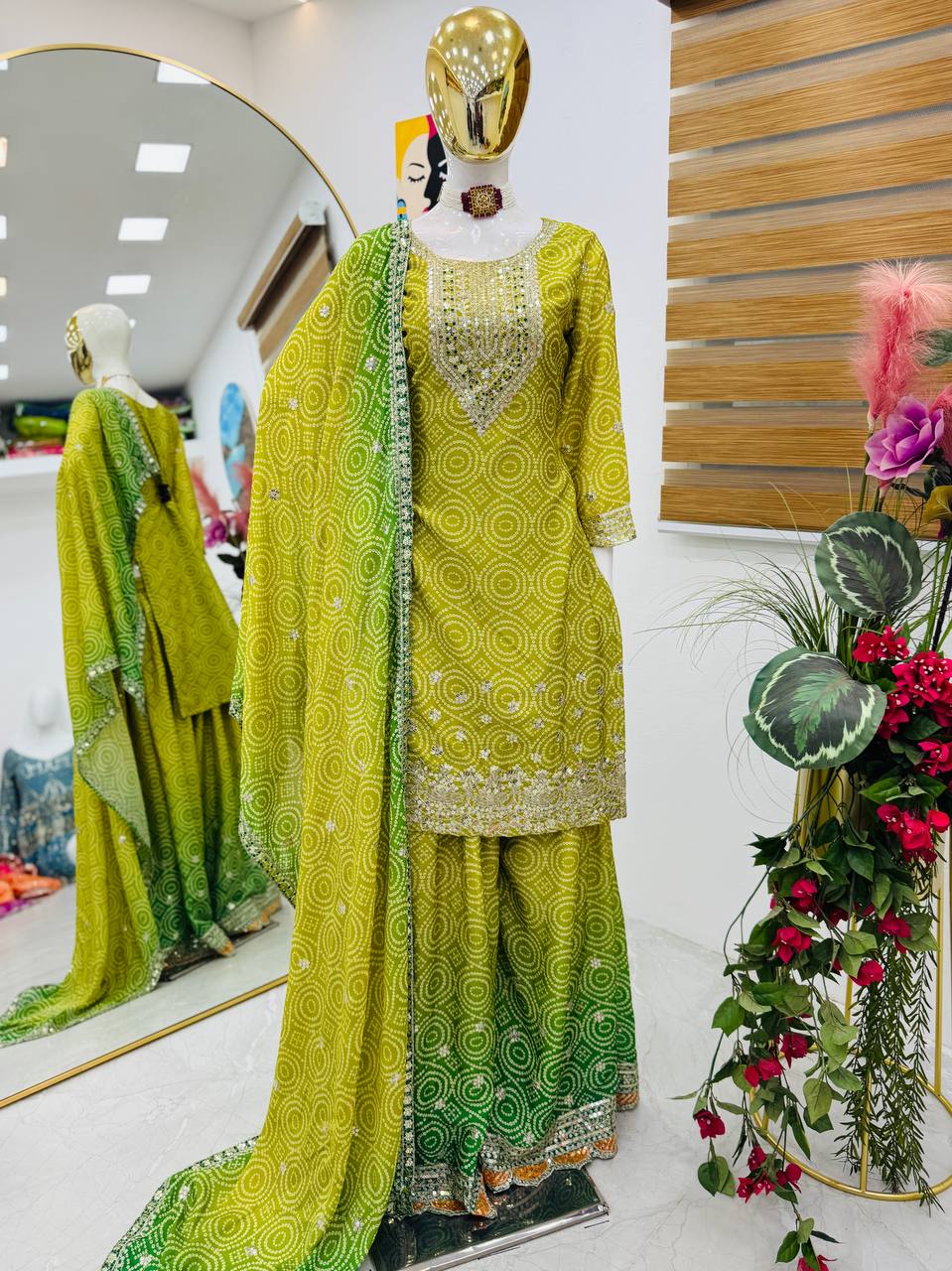 Glorious Chinon Silk Green Color Sharara Suit