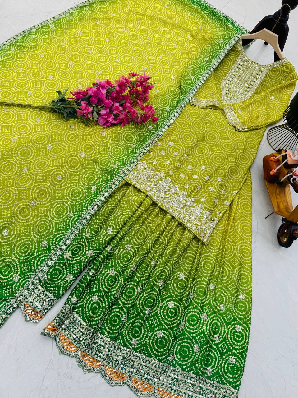 Glorious Chinon Silk Green Color Sharara Suit