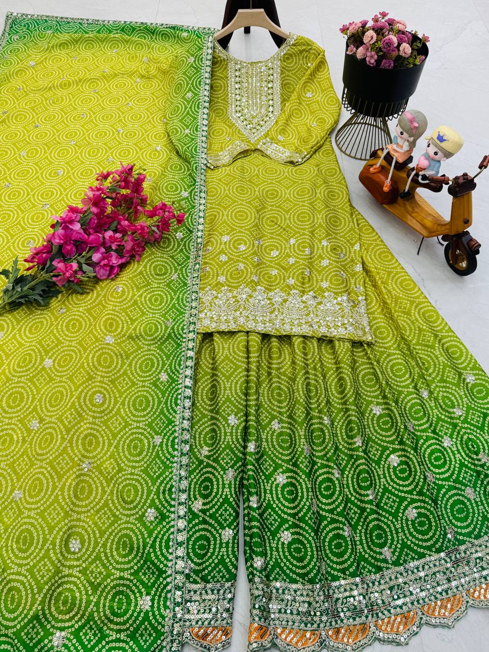 Glorious Chinon Silk Green Color Sharara Suit