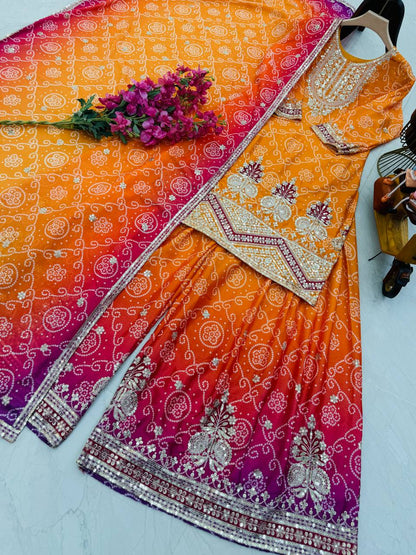 Glorious Chinon Silk Mustard Color Sharara Suit