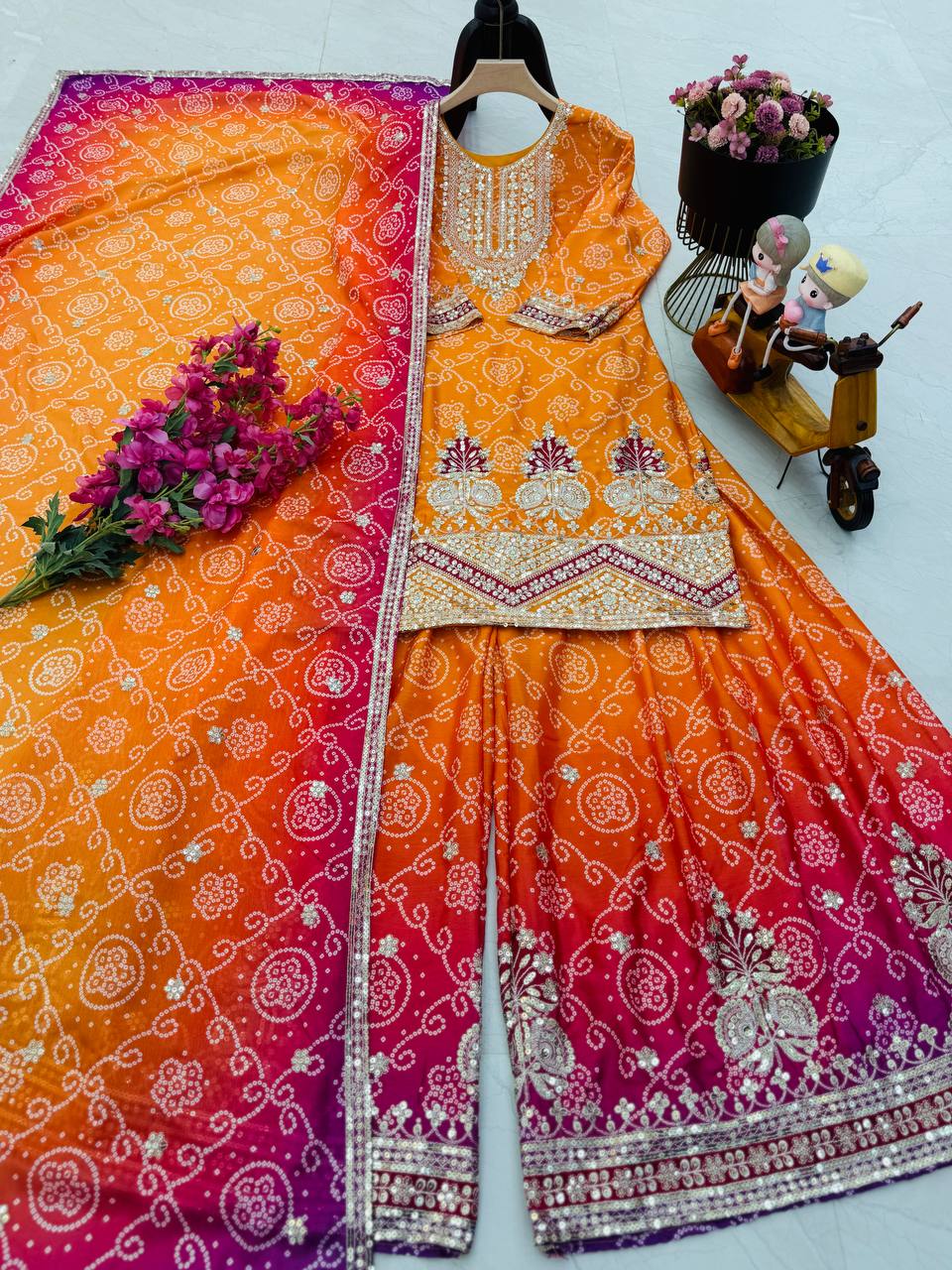 Glorious Chinon Silk Mustard Color Sharara Suit