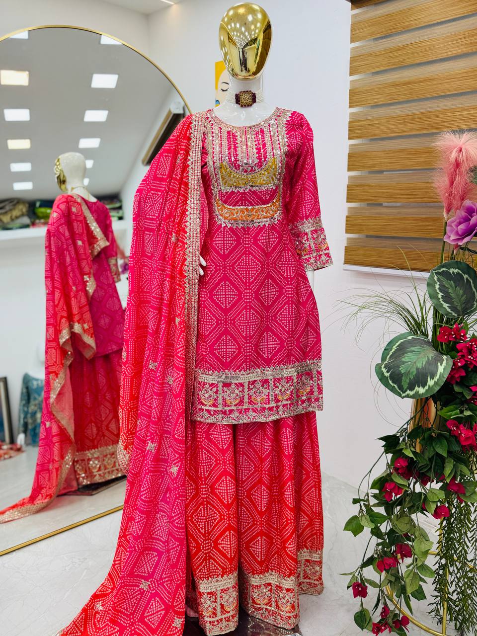 Glorious Chinon Silk Pink Color Sharara Suit