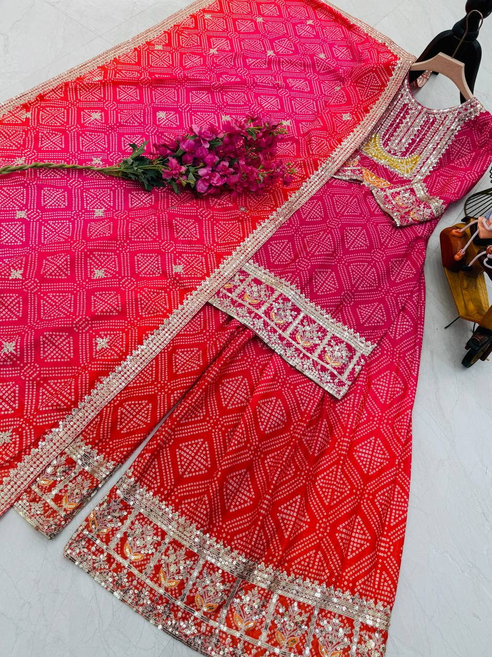 Glorious Chinon Silk Pink Color Sharara Suit