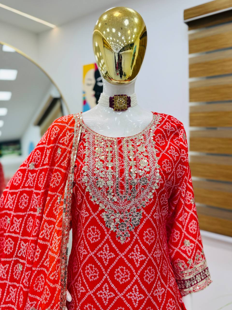 Glorious Chinon Silk Red Color Sharara Suit