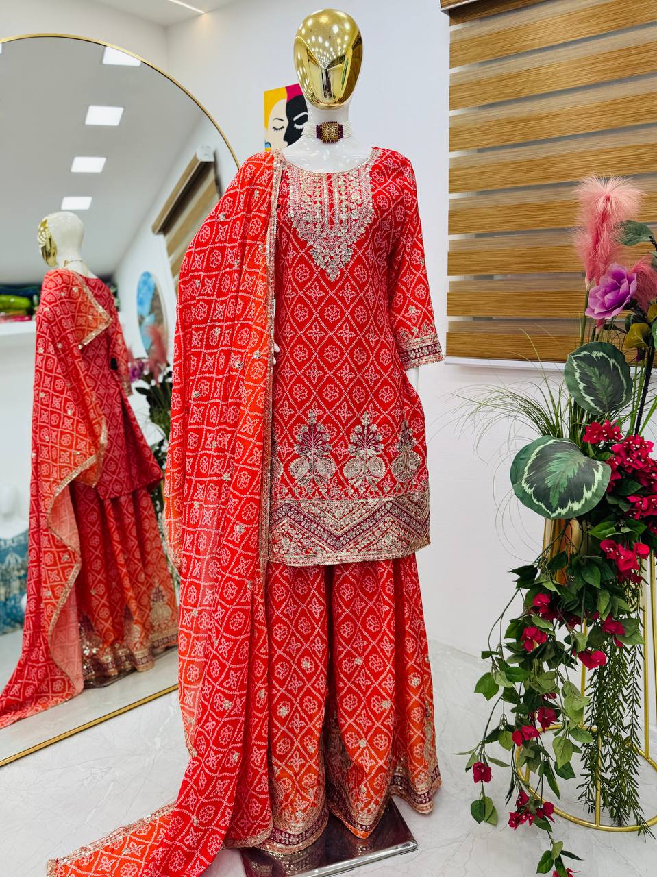 Glorious Chinon Silk Red Color Sharara Suit