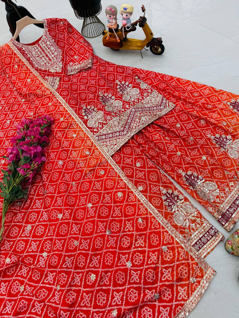 Glorious Chinon Silk Red Color Sharara Suit