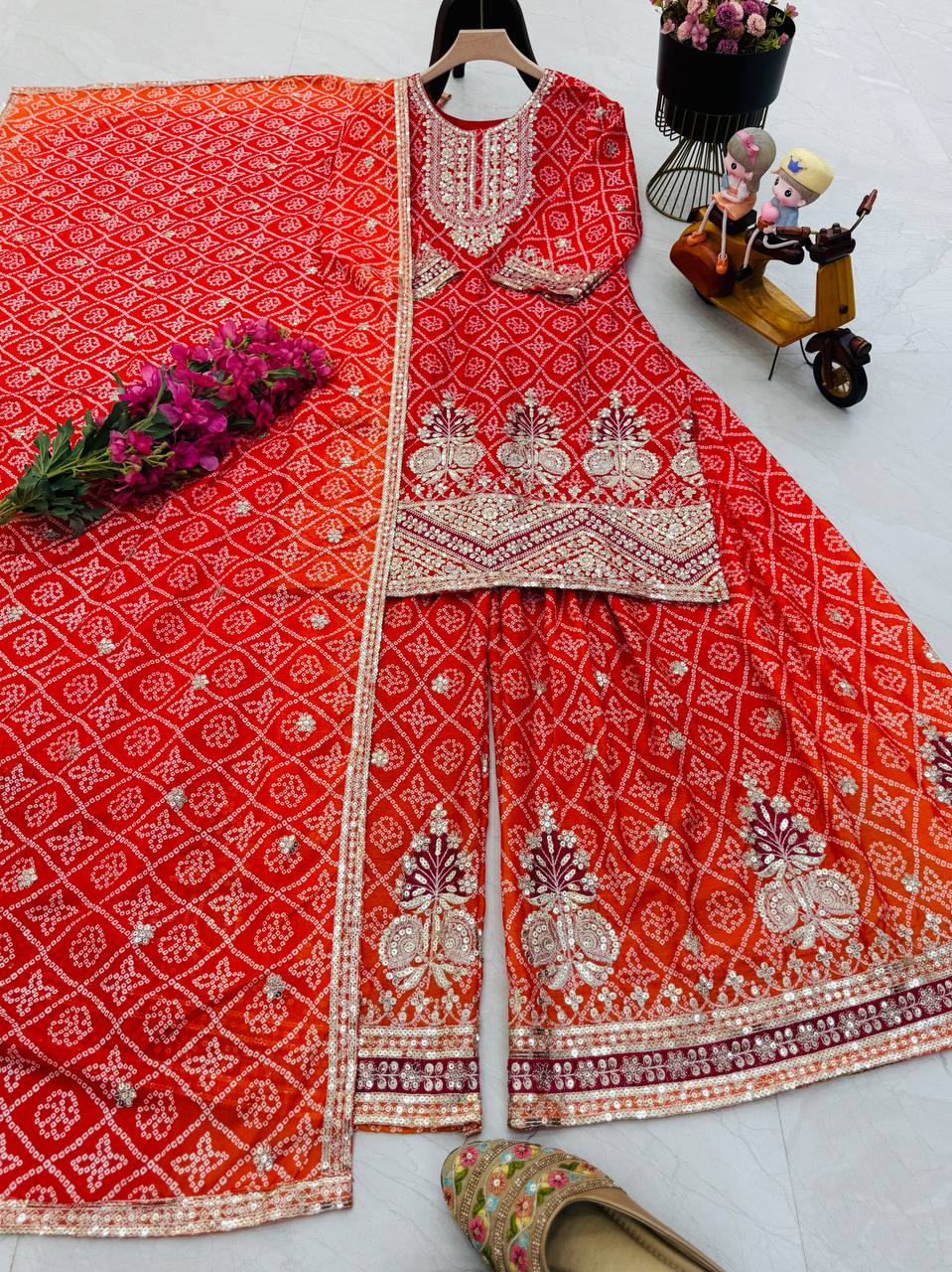 Glorious Chinon Silk Red Color Sharara Suit