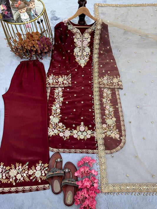Elegant Jimmy Choo Sequence Work Maroon Color Palazzo Suit