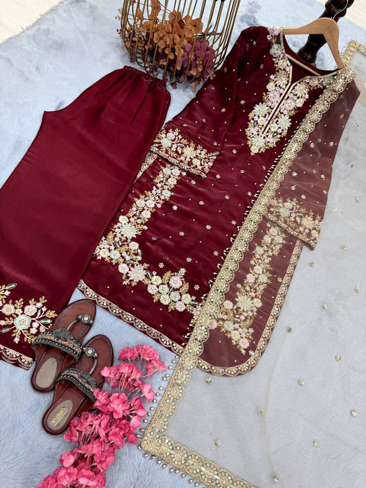 Elegant Jimmy Choo Sequence Work Maroon Color Palazzo Suit