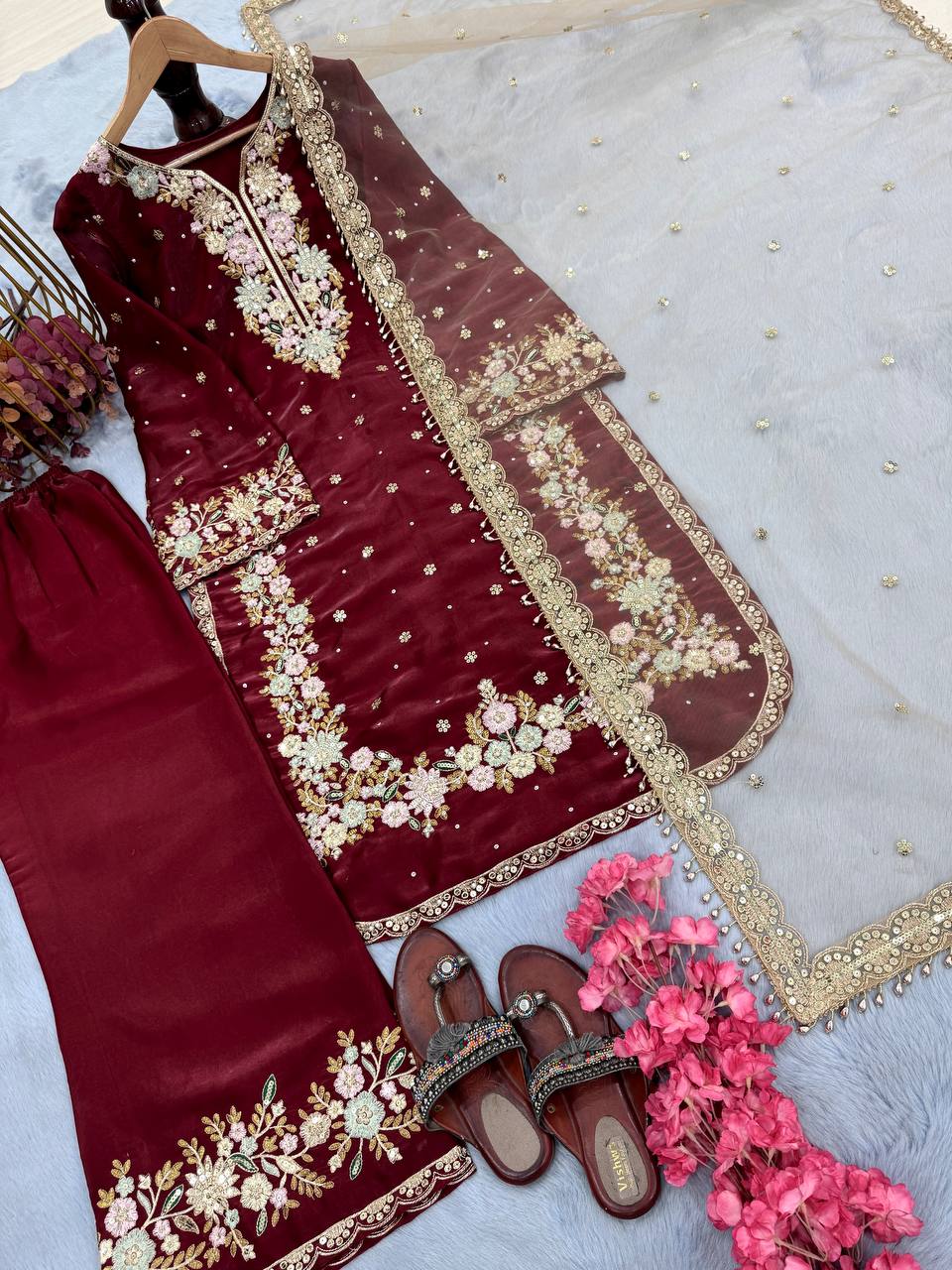 Elegant Jimmy Choo Sequence Work Maroon Color Palazzo Suit