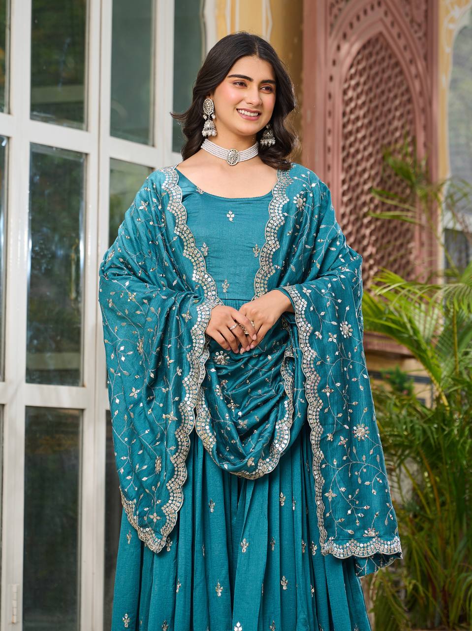 Good Looking Vichitra Silk Rama Color Gown