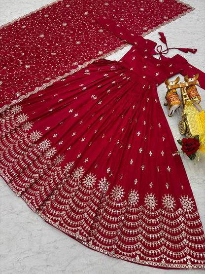 Good Looking Vichitra Silk Red Color Gown