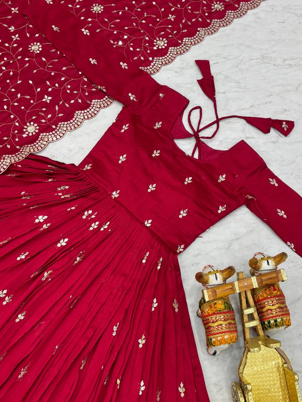 Good Looking Vichitra Silk Red Color Gown