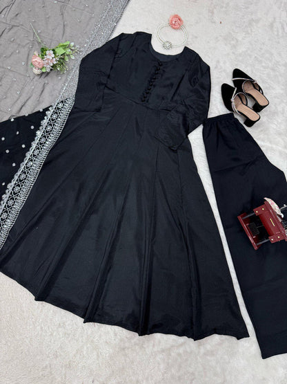 Demanding Chinon Silk Black Color Gown