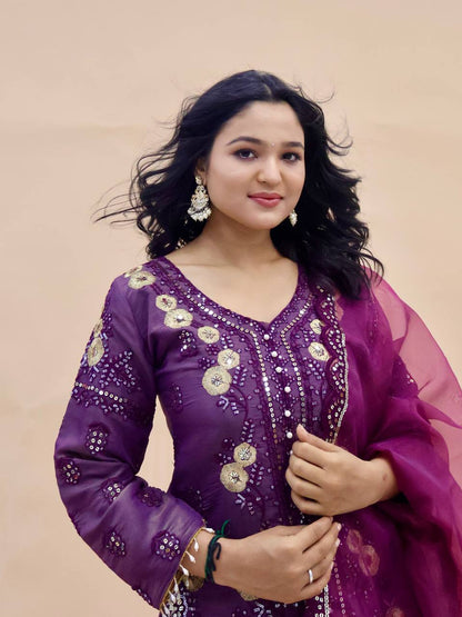Flattering Simar Silk Purple Color Palazzo Suit