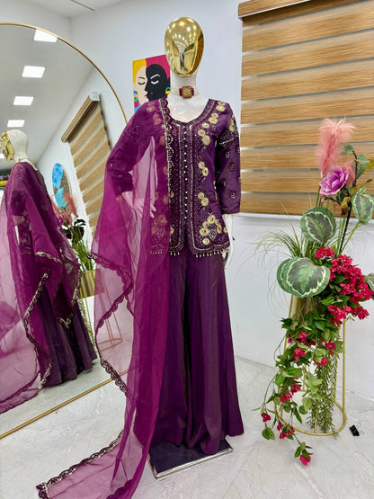 Flattering Simar Silk Purple Color Palazzo Suit
