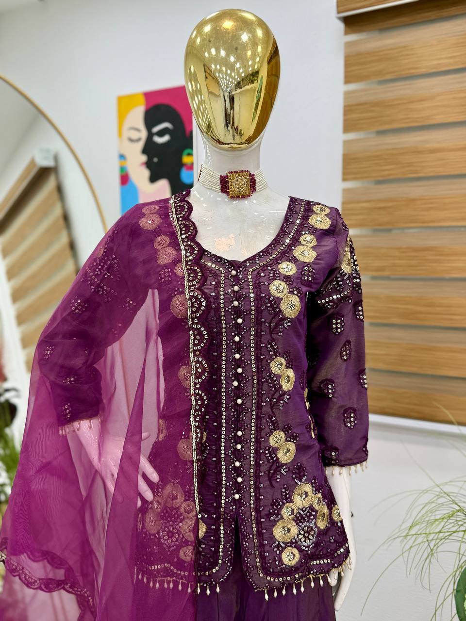 Flattering Simar Silk Purple Color Palazzo Suit