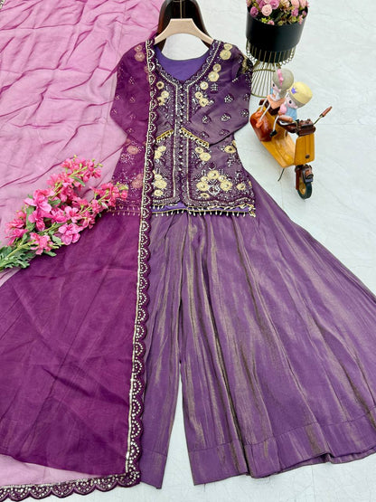 Flattering Simar Silk Purple Color Palazzo Suit