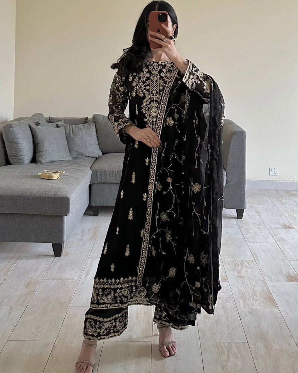 Decent Heavy Thread Work Black Salwar Suit