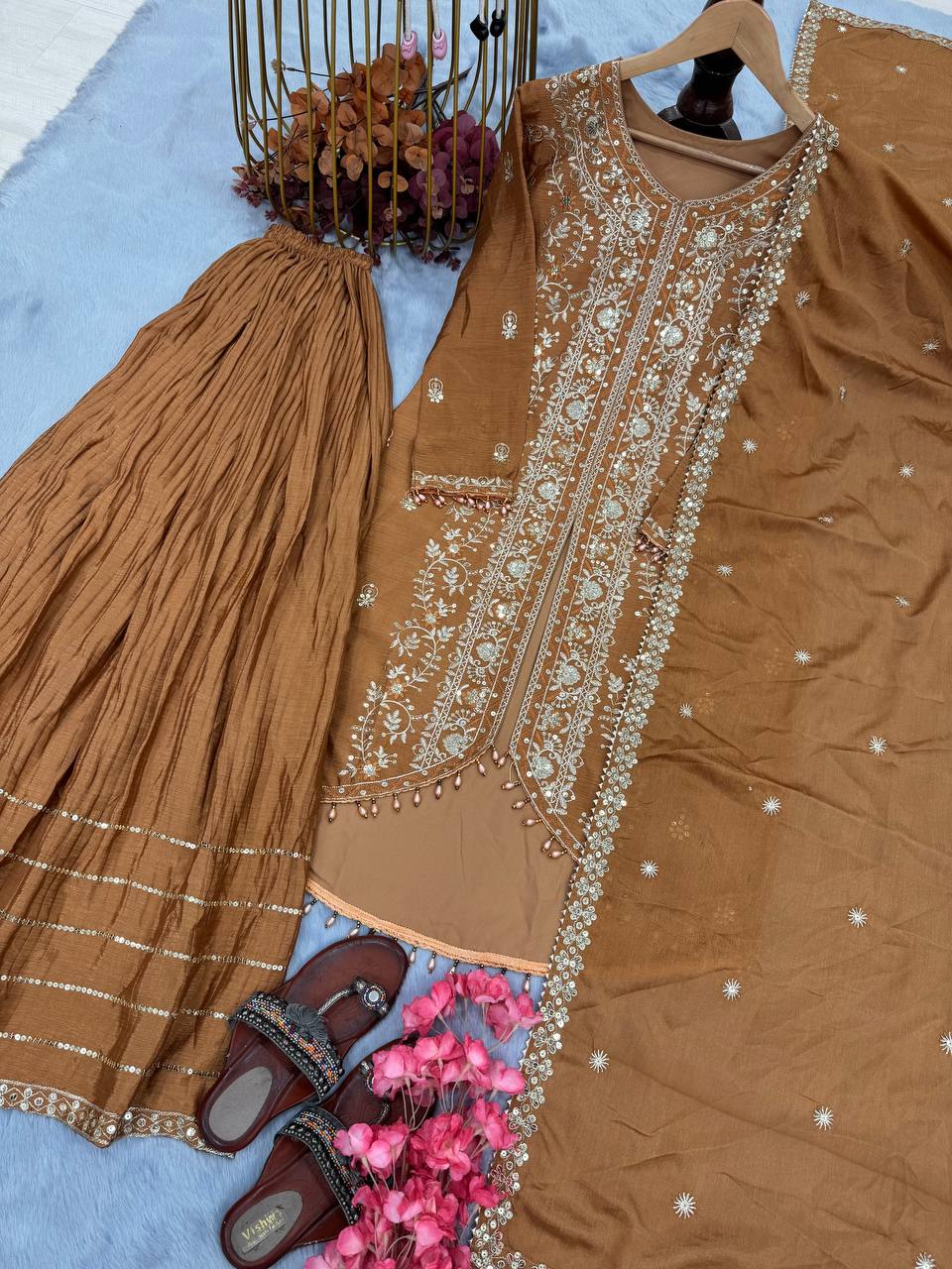 Demanding Brown Color Chinon Silk Sharara Suit