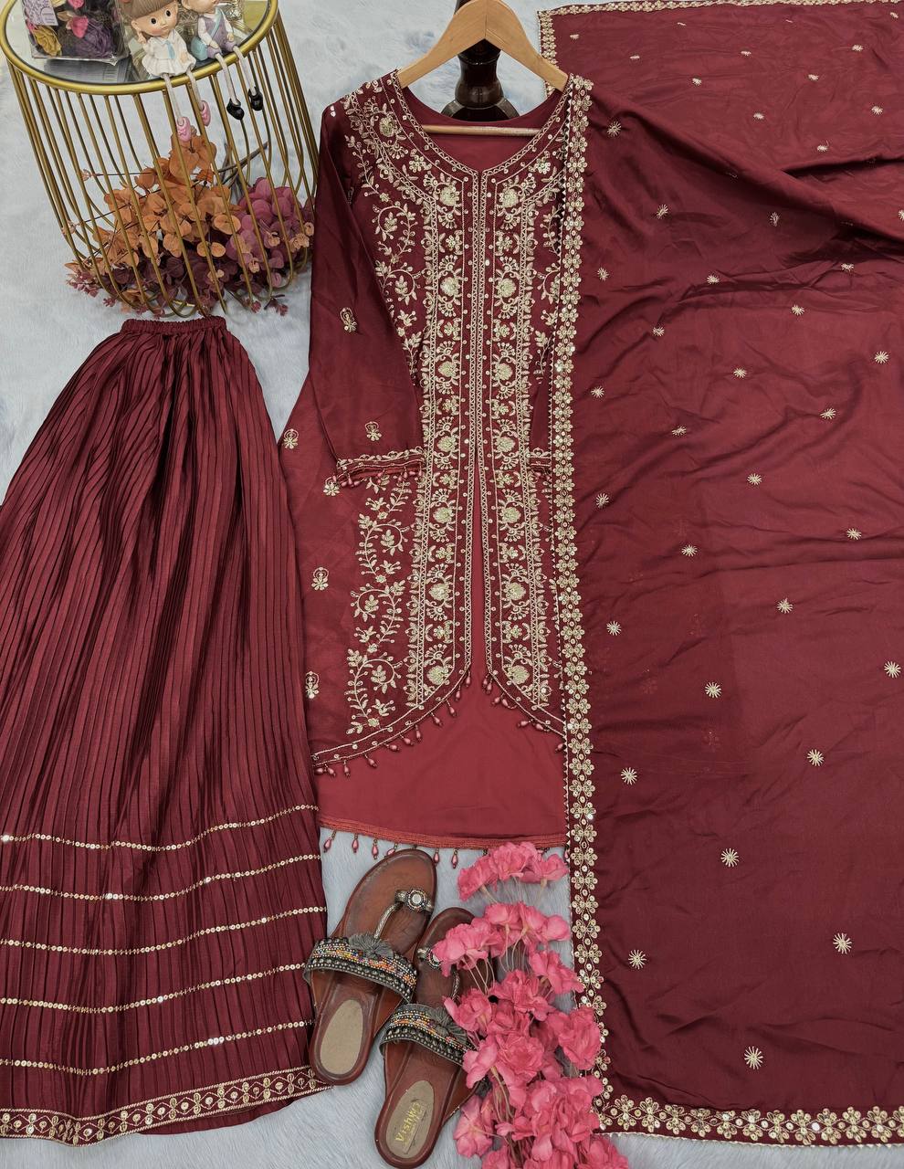 Demanding Maroon Color Chinon Silk Sharara Suit