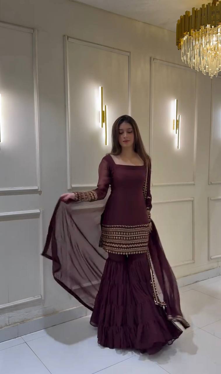 Demanding Embroidery Work Wine Color Sharara Suit