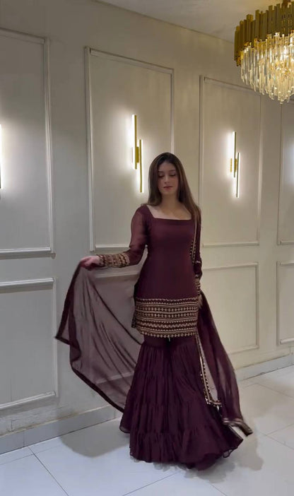 Demanding Embroidery Work Wine Color Sharara Suit