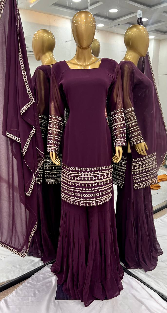 Demanding Embroidery Work Wine Color Sharara Suit