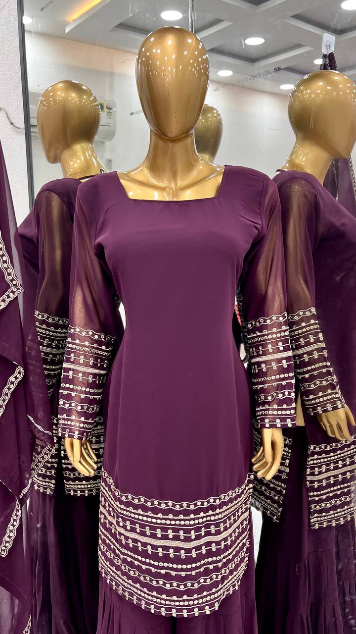 Demanding Embroidery Work Wine Color Sharara Suit