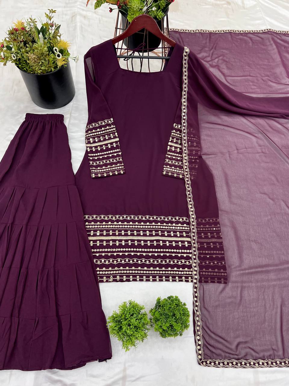 Demanding Embroidery Work Wine Color Sharara Suit