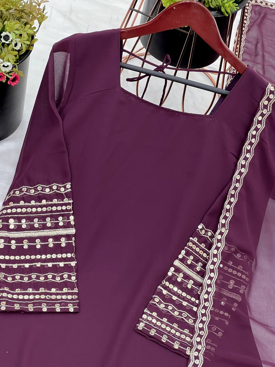 Demanding Embroidery Work Wine Color Sharara Suit