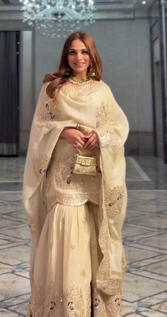 Festive Wear Chinnon Silk Cream Color Palazzo Suit