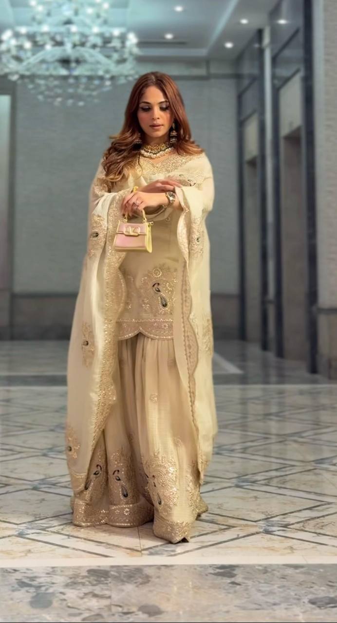 Festive Wear Chinnon Silk Cream Color Palazzo Suit