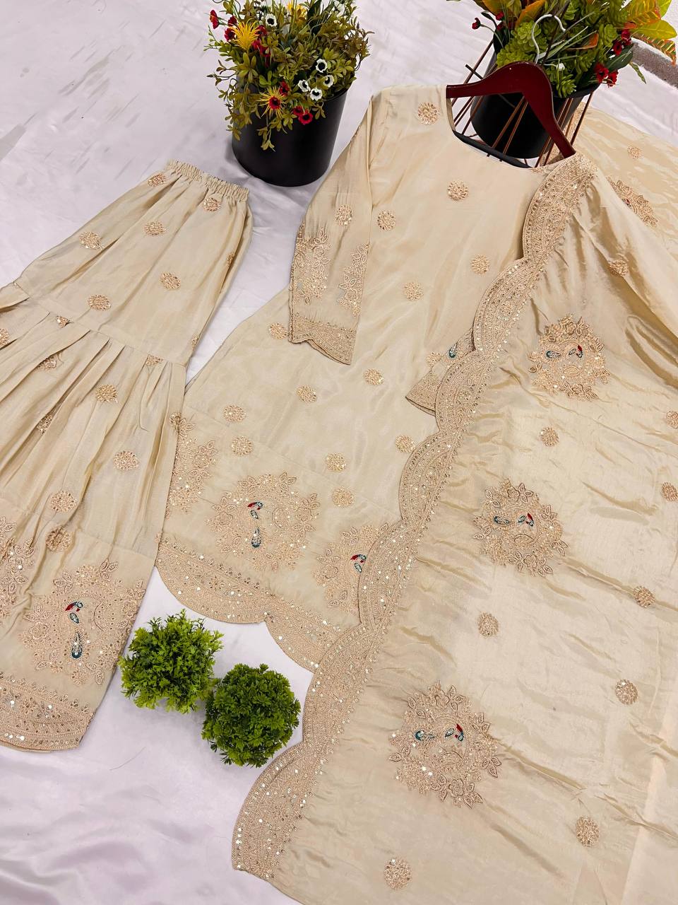 Festive Wear Chinnon Silk Cream Color Palazzo Suit