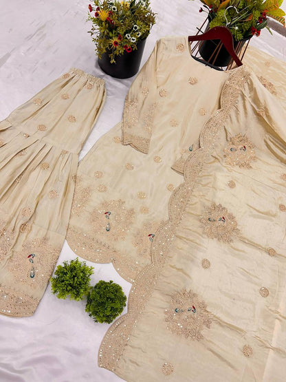 Festive Wear Chinnon Silk Cream Color Palazzo Suit