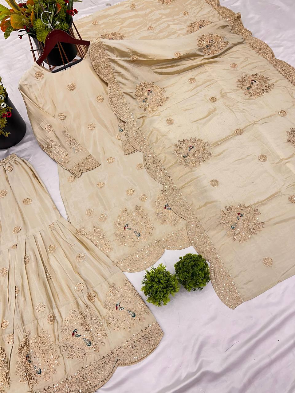 Festive Wear Chinnon Silk Cream Color Palazzo Suit
