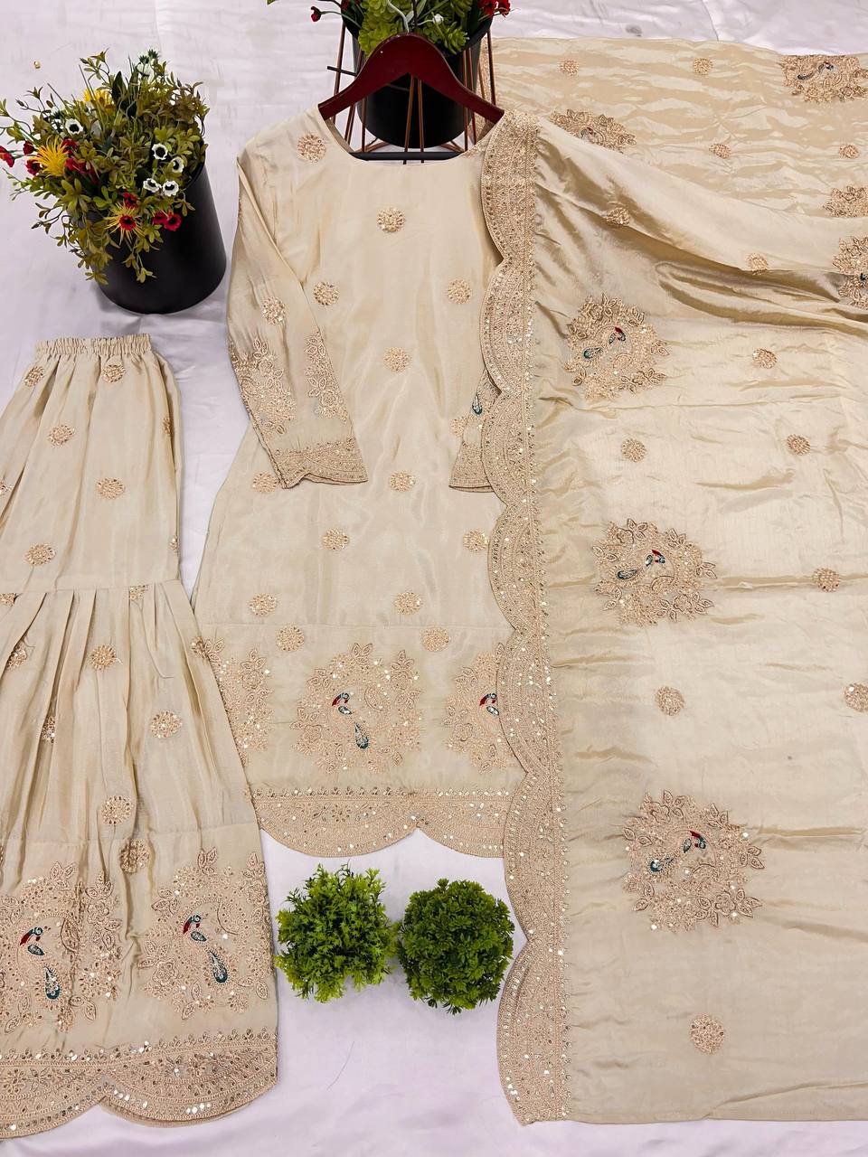 Festive Wear Chinnon Silk Cream Color Palazzo Suit