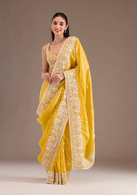 Beautiful Gold Crush Yellow Color Saree