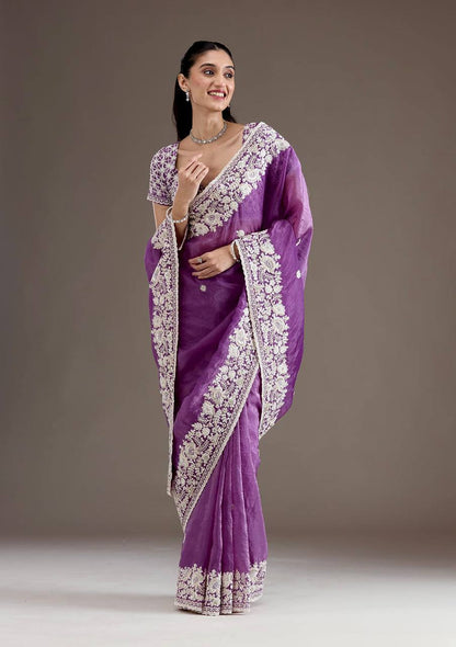 Beautiful Gold Crush Purple Color Saree