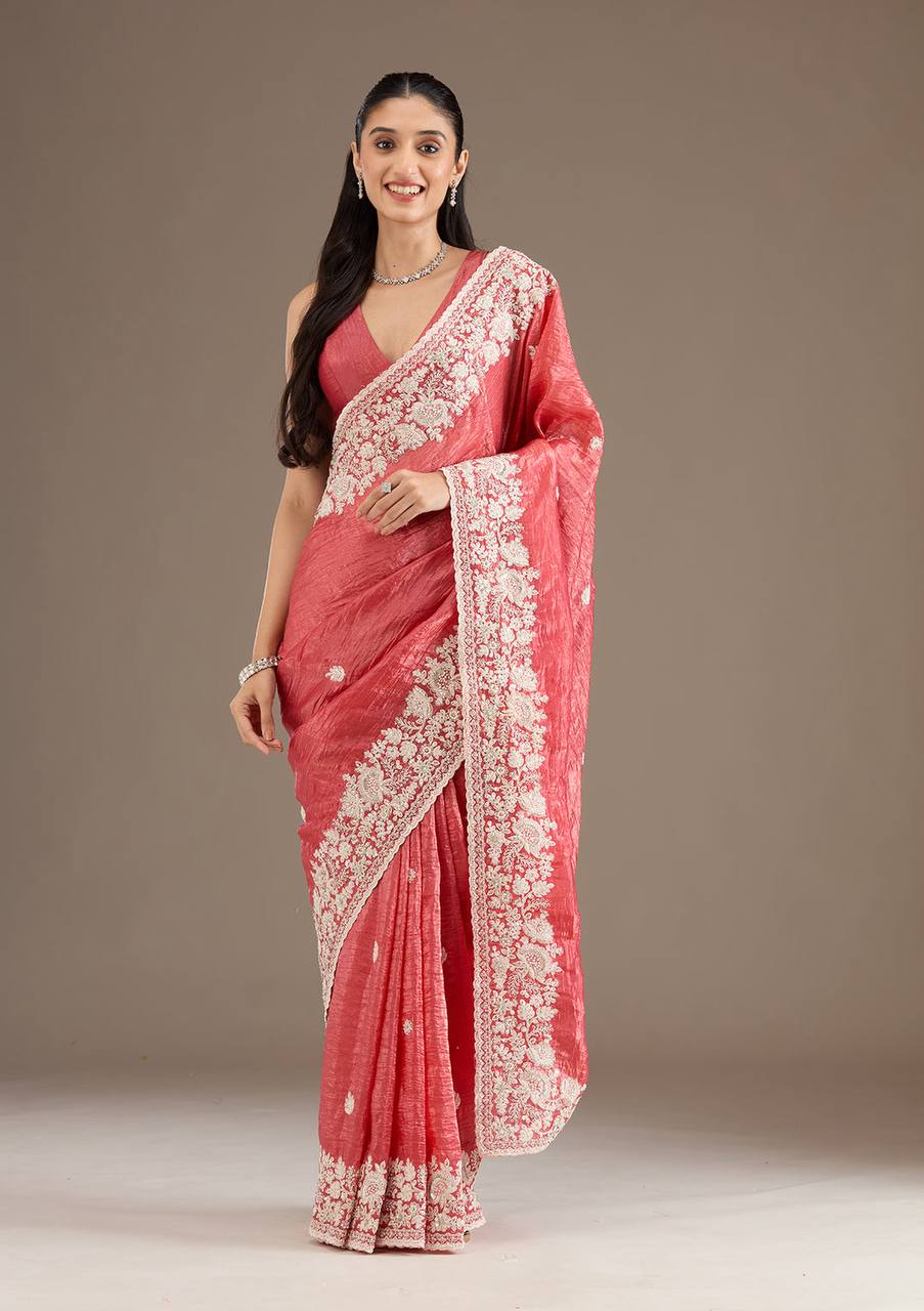 Beautiful Gold Crush Peach Color Saree