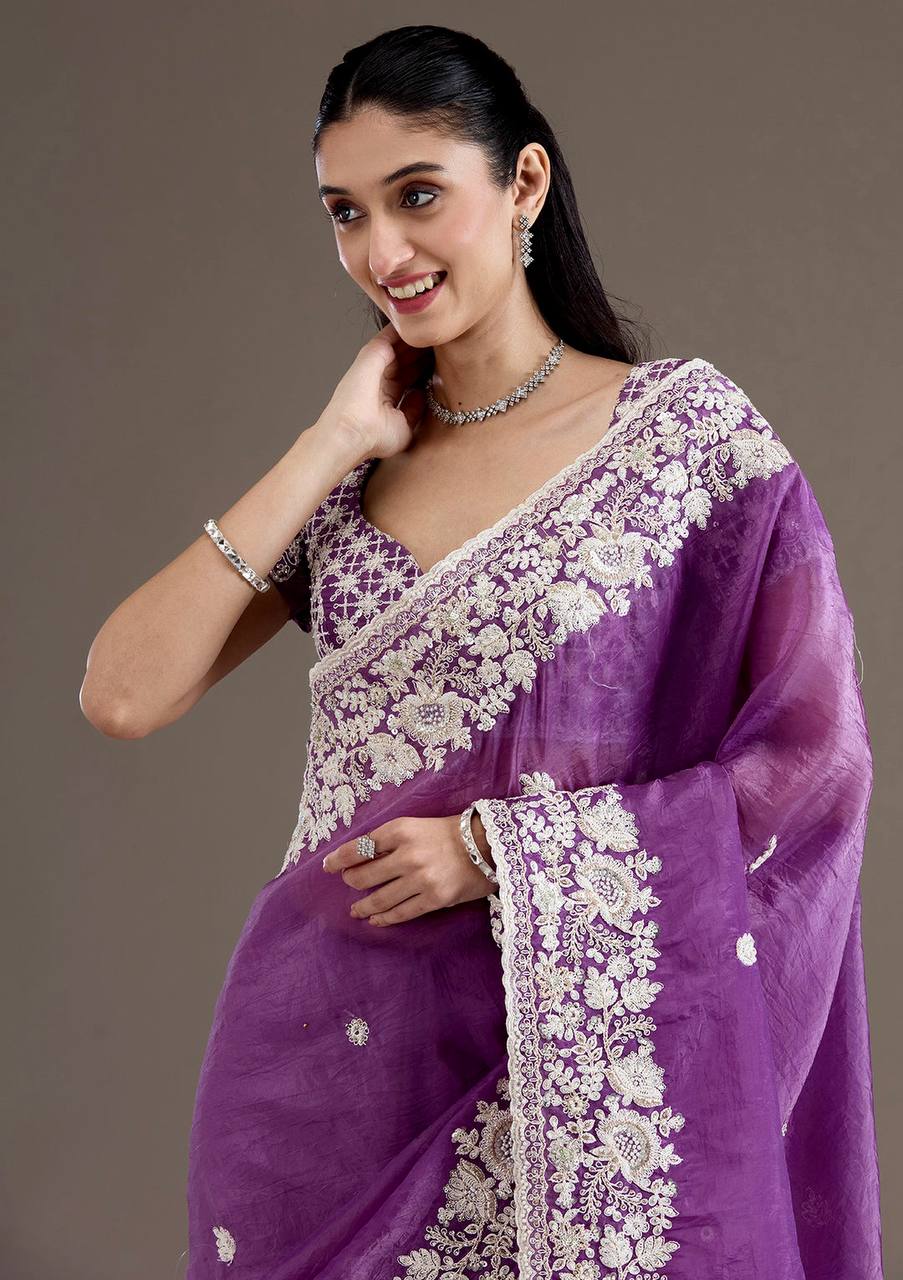 Beautiful Gold Crush Purple Color Saree