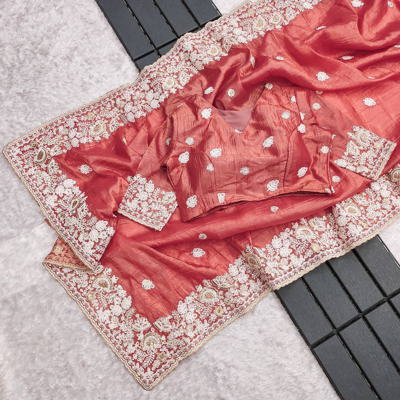 Beautiful Gold Crush Peach Color Saree